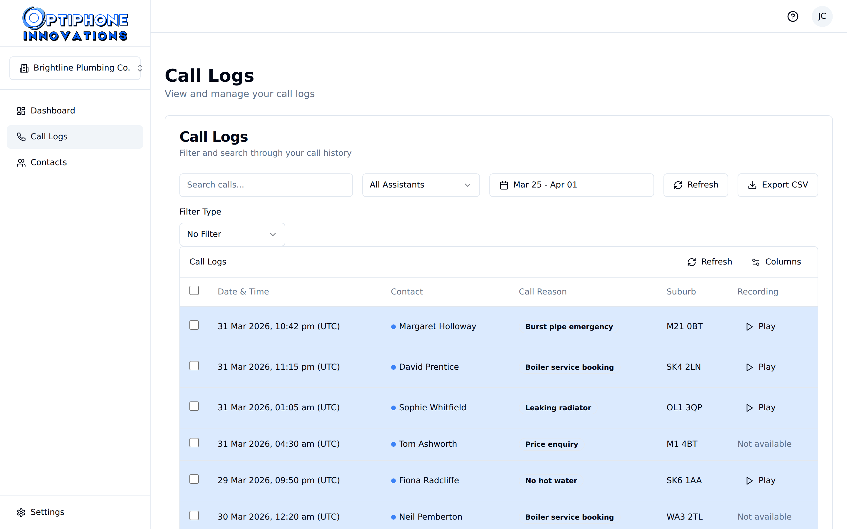 Optiphone call log view showing inbound calls with timestamps and caller details