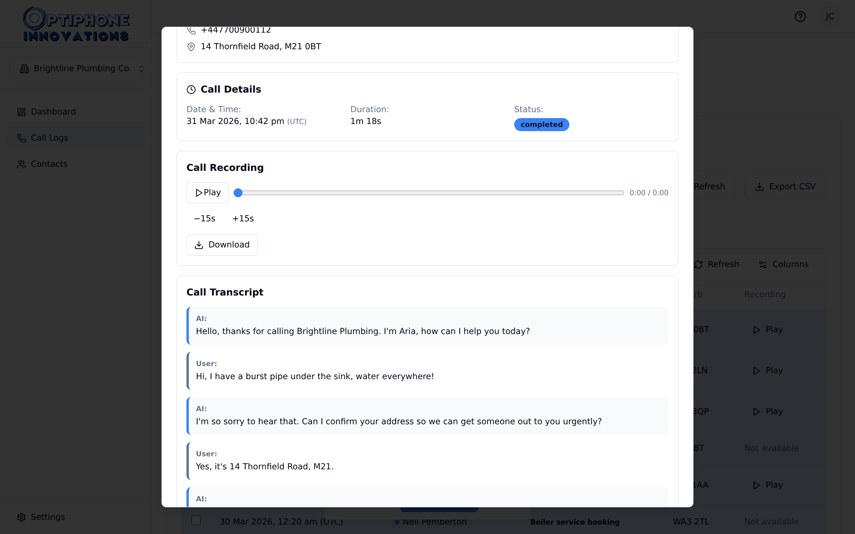 Optiphone call recording and full conversation transcript view with audio controls